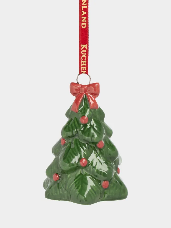 Christmas tree toy, 6 cm, ceramic, green, Fir tree with bow, Figure christmas, image-0