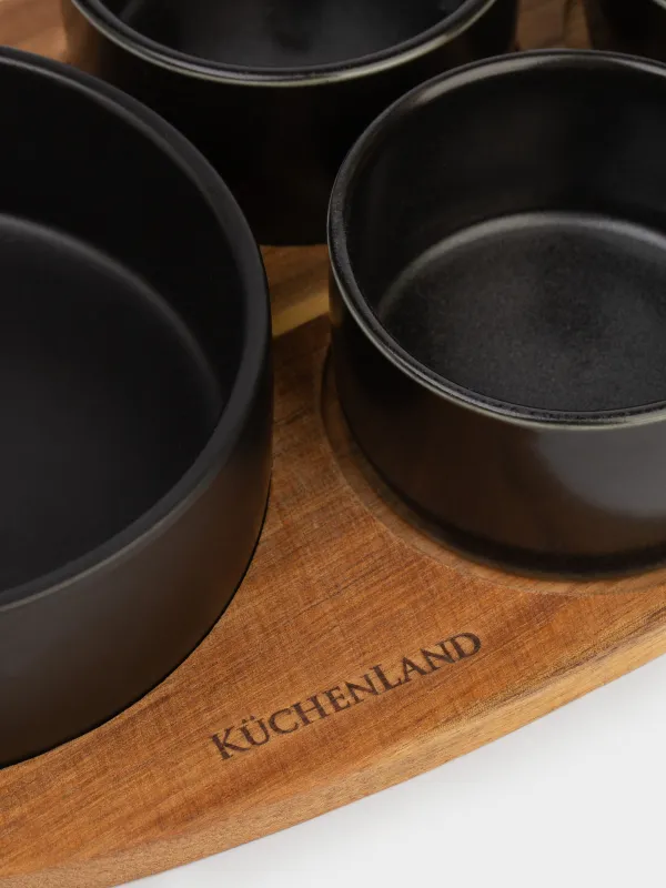 Snack set, 4 pcs, on a stand, ceramic / wood, black, Round bowls, Loft, image-2