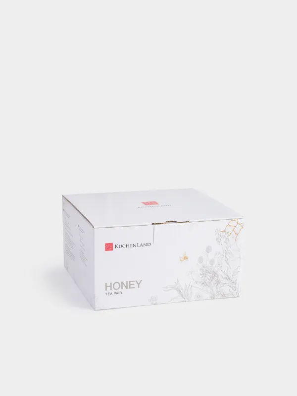 Tea pair, 1 person, 2 items, 350 ml, porcelain F, white and gold, Bees with flowers, Honey, image-5