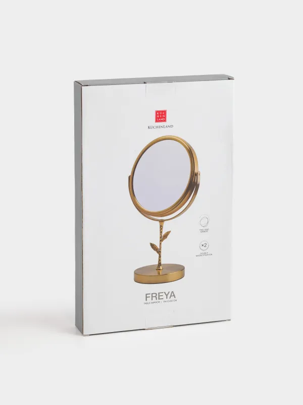 Table mirror, 30x18/15 cm, double-sided, on a leg, metal, round, gold, Freya, image-4