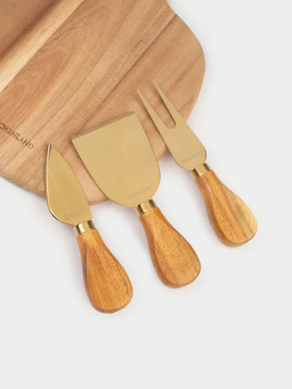 Cheese set, 4 pcs, dish board with handle, steel / wood, golden, Cheese gold, image-2