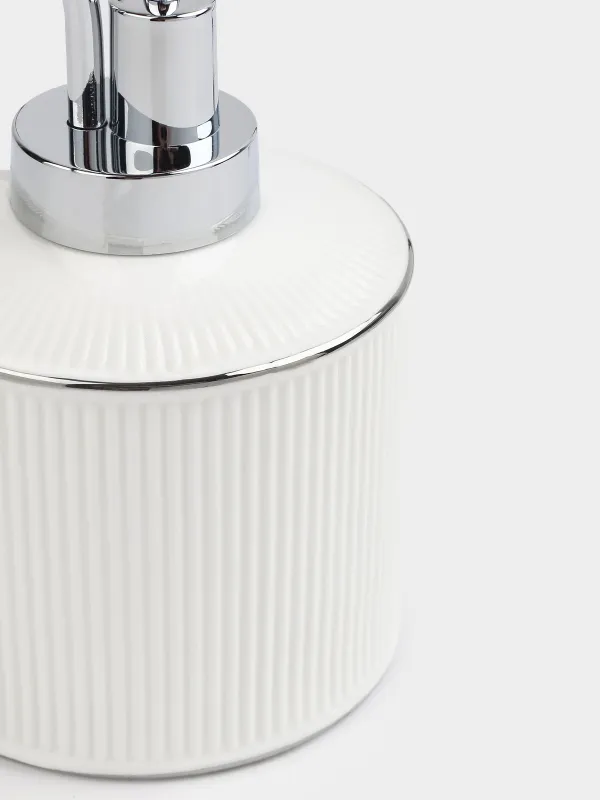 Liquid soap dispenser, 370 ml, ceramic / plastic, white, with silver edging, Kaliopa, image-3