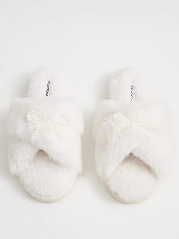 Women's slippers, homewear, size 36-37, artificial fur, white, Bow, Tape, image-2