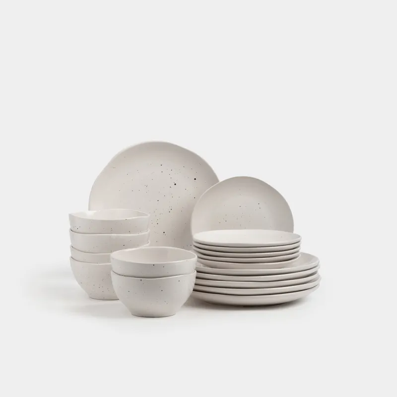 Dining set, 6 persons, 18 items, ceramic, milky, speckled, Uneven edge, Xoras
