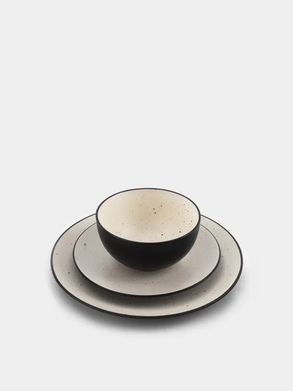 Dinner set, 6 persons, 18 ave, ceramics, black and white, speckled, Isernia, image-2