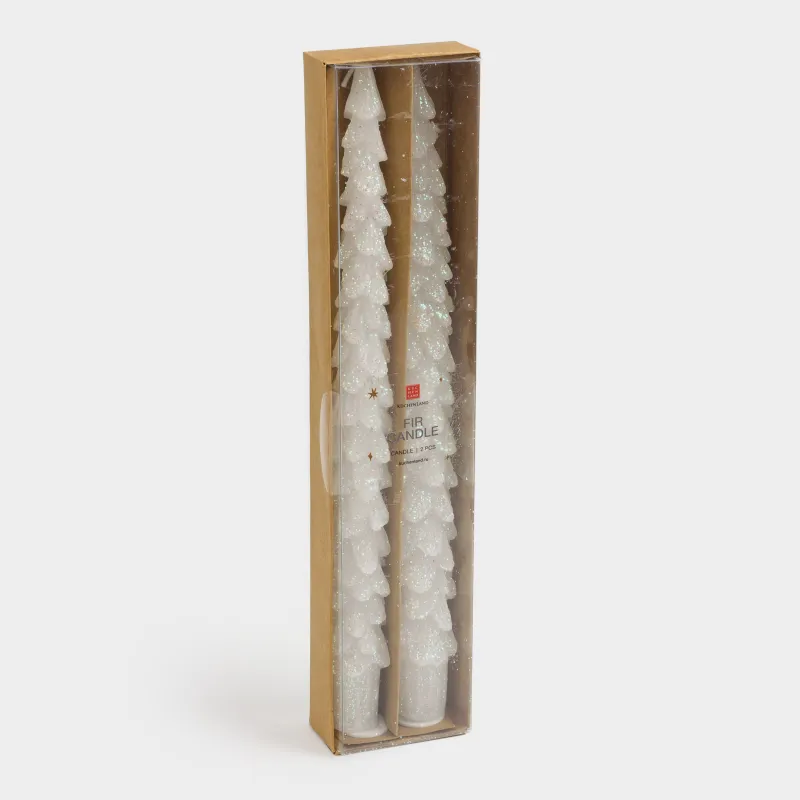 Candle, 25 cm, 2 pcs, thin, with sequins, white and silver, Christmas tree, Fir candle, image-3