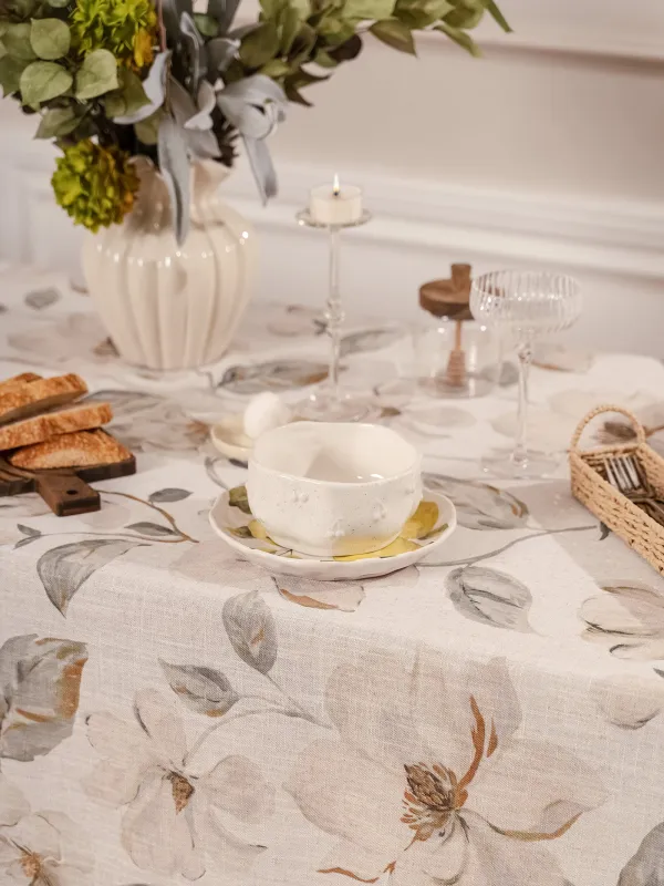 Tablecloth, 160x160 cm, polyester / linen, milk yellow, Flowers, Flowery flax, image-7