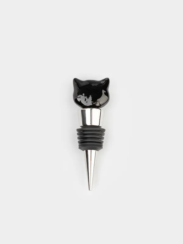 Wine bottle stopper, 10 cm, metal / glass, black, Cat, Cat, image-1