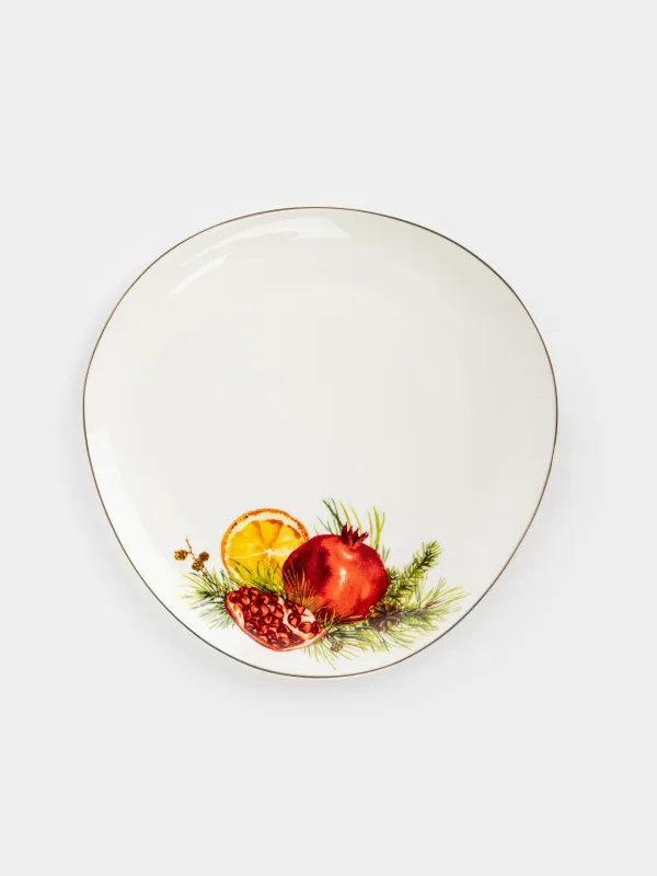 Snack plate, 21 cm, porcelain N, white, with golden edging, Pomegranates and orange, Christmas miracle, image-0
