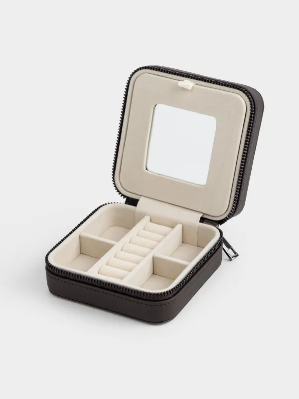 Jewelry box, 12x12 cm, with mirror, PU leather / MDF, brown, Premiere small, image-3