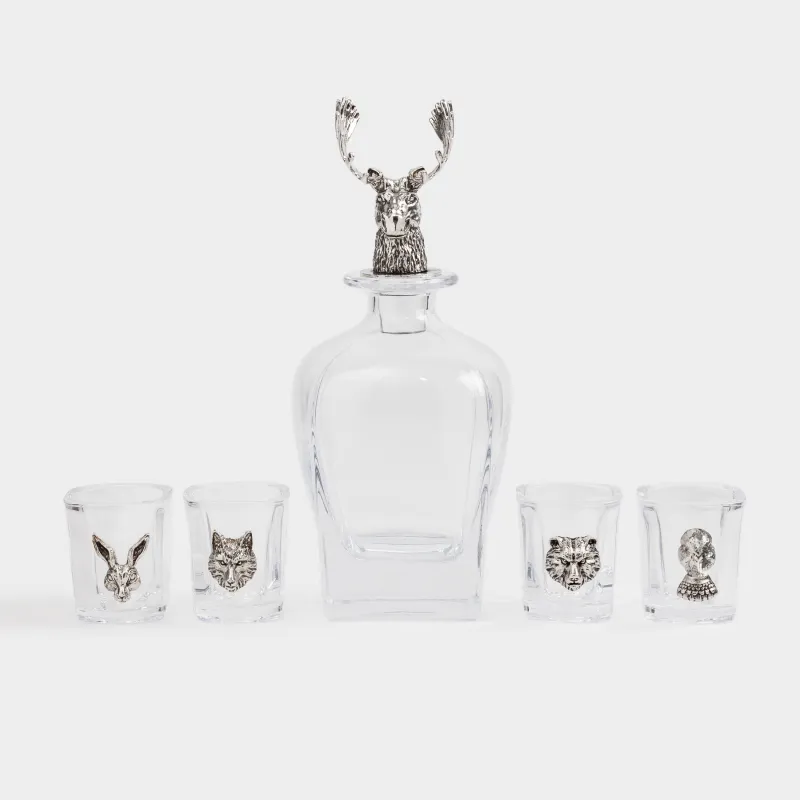Drink set, 4 persons, 5 items, decanter/stacks, glass / metal, forest animals, Lux elements