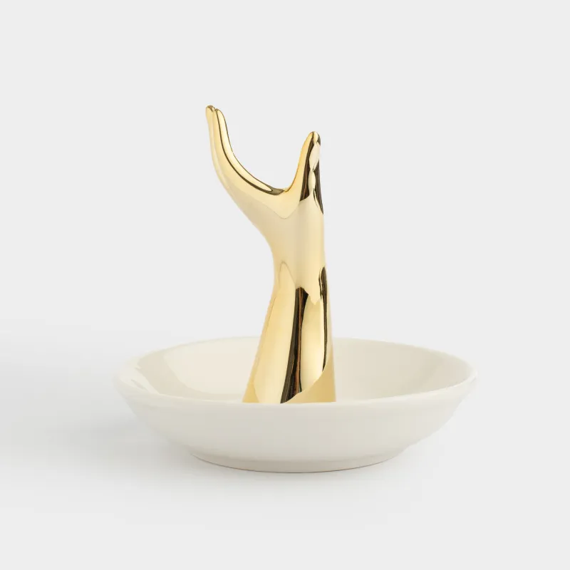 Jewelry holder, 10 cm, ceramic, white and gold, Hand, Hand, image-2