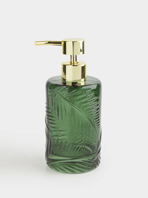 Liquid soap dispenser, 350 ml, glass, Green, Tropical leaves, Tropical leaves, image-0