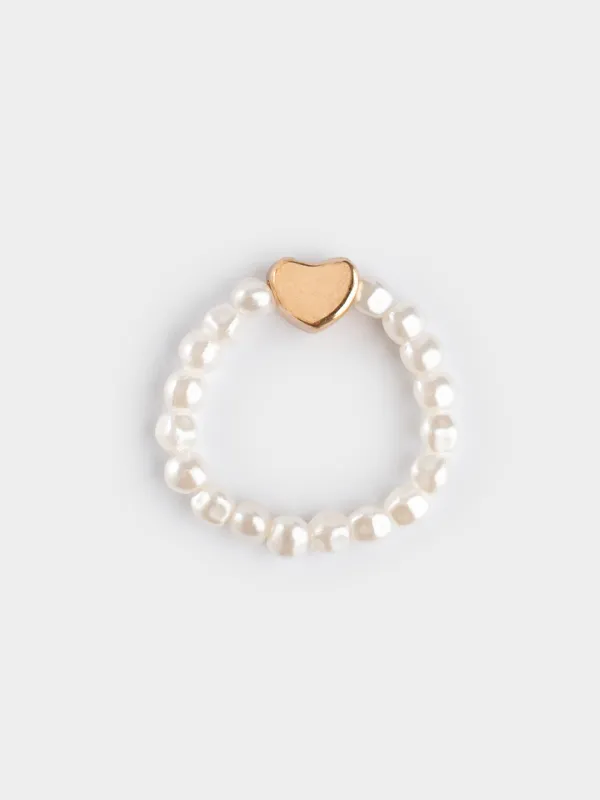 Ring, size S-M, single size, plastic / glass, white-gold, Heart, Pearl heart, image-0