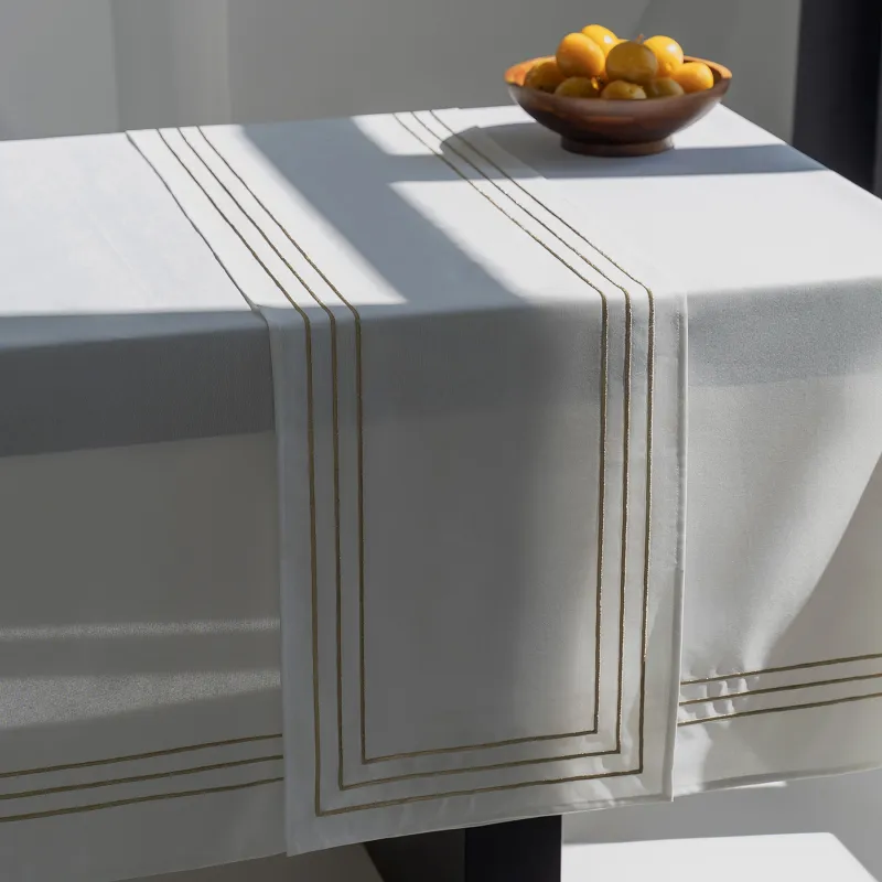 Table runner, 40x160 cm, polyester, white, Lines, Trim gold