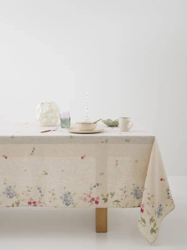 Tablecloth, 170x250 cm, polyester / linen, beige, Flowers, Colorful flowers, image-0