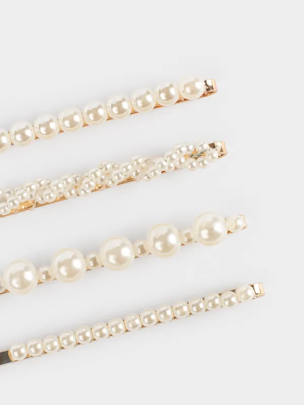 Hair clip set, 7 cm, 4 pcs, metal / plastic, milky, Beads, Pearl, image-3