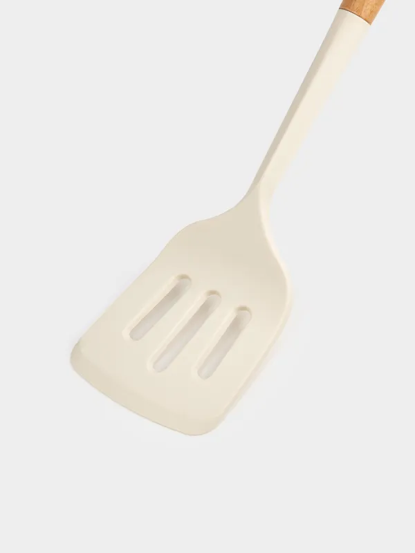 Spatula, 32 cm, with slots, silicone/wood, milky, Legerity, image-3