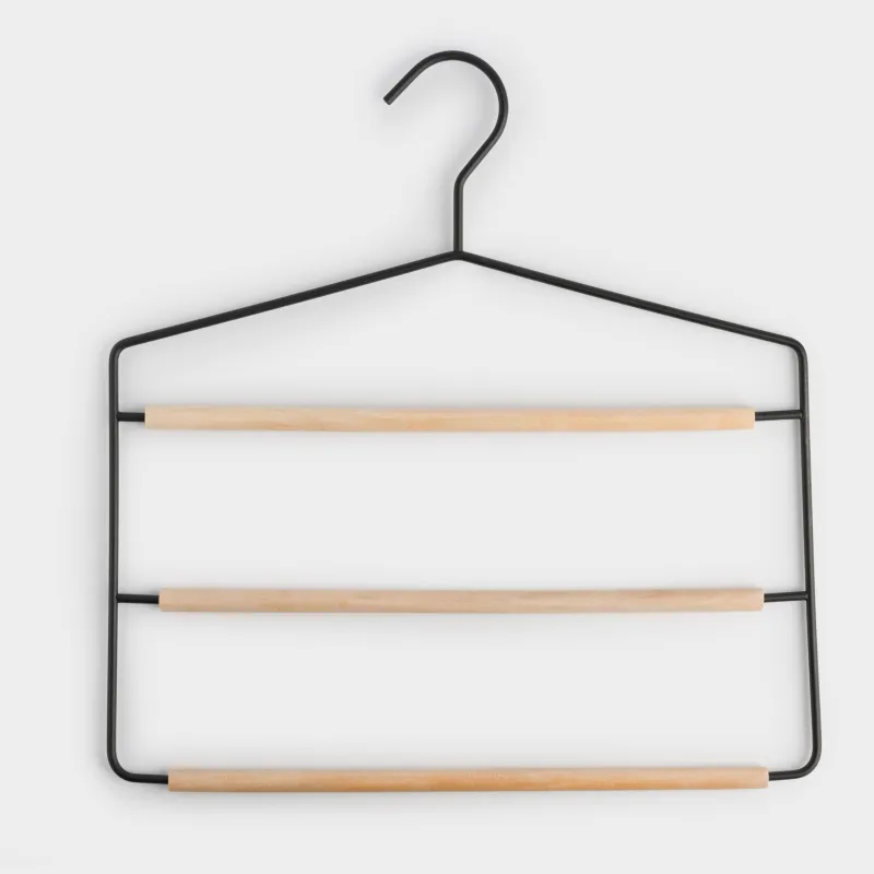 Hanger for trousers/skirts, 38 cm, 3 levels, metal / wood, black, Attic