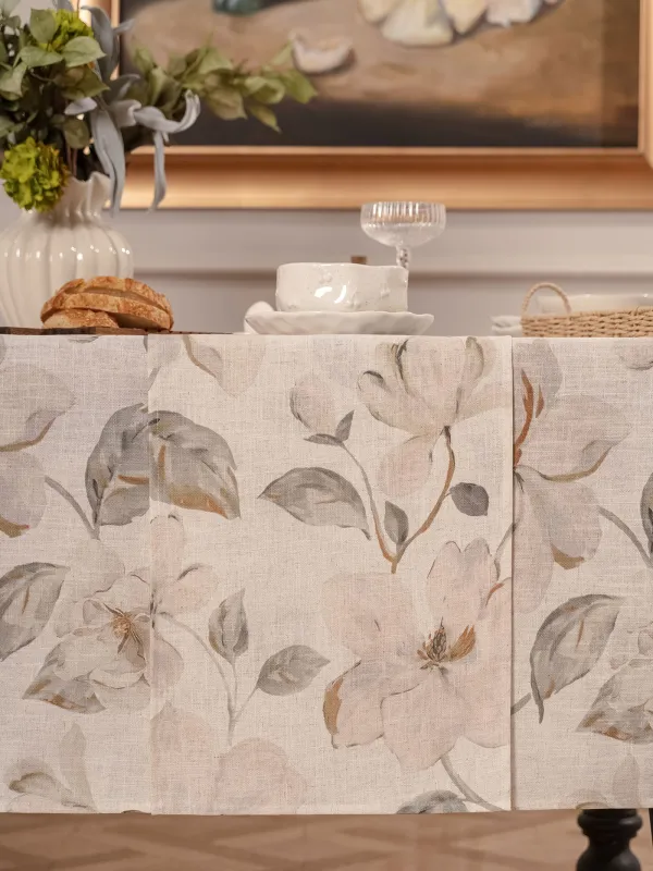 Table runner, 40x160 cm, polyester / linen, milky yellow, Flowers, Flowery flax, image-7