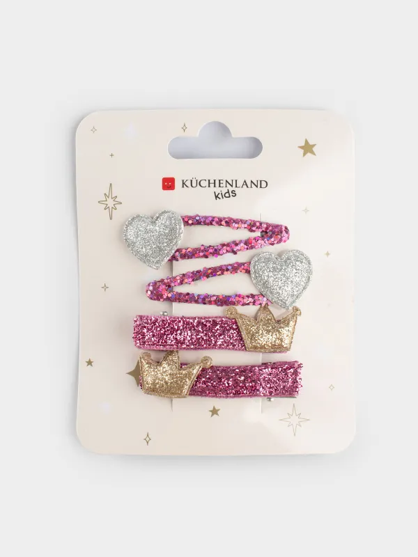 Hair clip set, 5 cm, 4 pcs, children's, plastic / metal, purple, Crown/Heart, Gracile, image-4