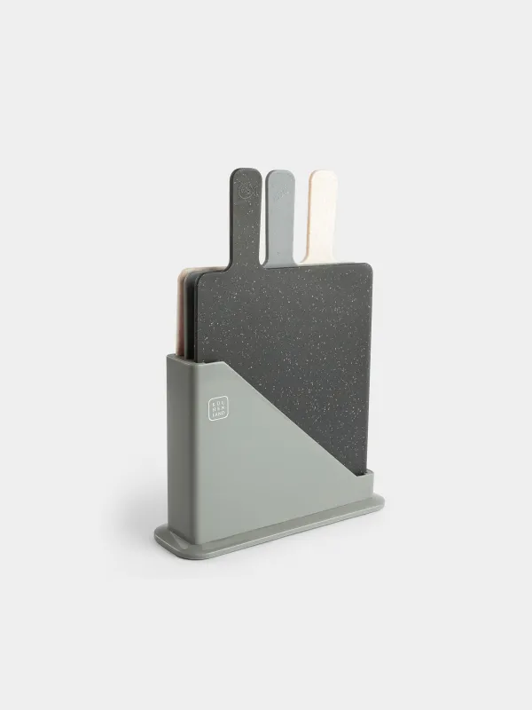 Cutting board, 32x20 cm, 3 pcs, in a stand, plastic, gray / beige / black, Speck, image-0