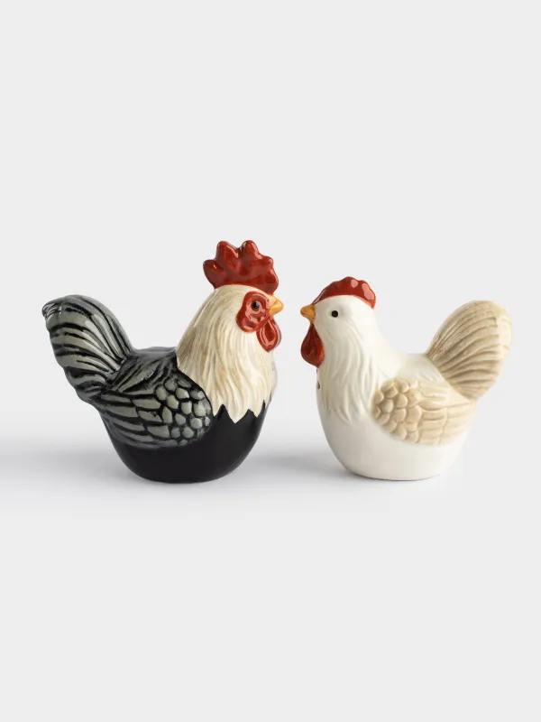 Salt and pepper set, 13 cm, on a stand, ceramic, Rooster and chicken in a basket, Rooster, image-4