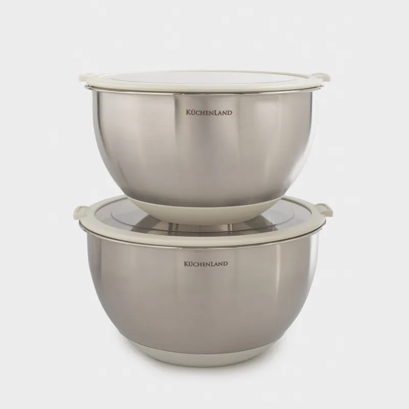 Bowl, 3/4, 5 l, 2 pcs, with lid, anti-slip bottom, steel / plastic, beige, Terra new