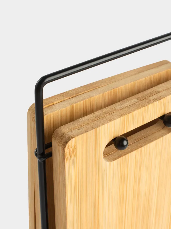 Cutting board, 22x14 cm, 4 pcs, on a stand, bamboo / steel, rectangular, Bamboo, image-6