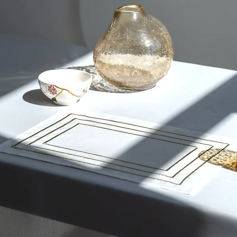 Placemat, 30x45 cm, 2 pcs, polyester, rectangular, white, Lines, Trim gold