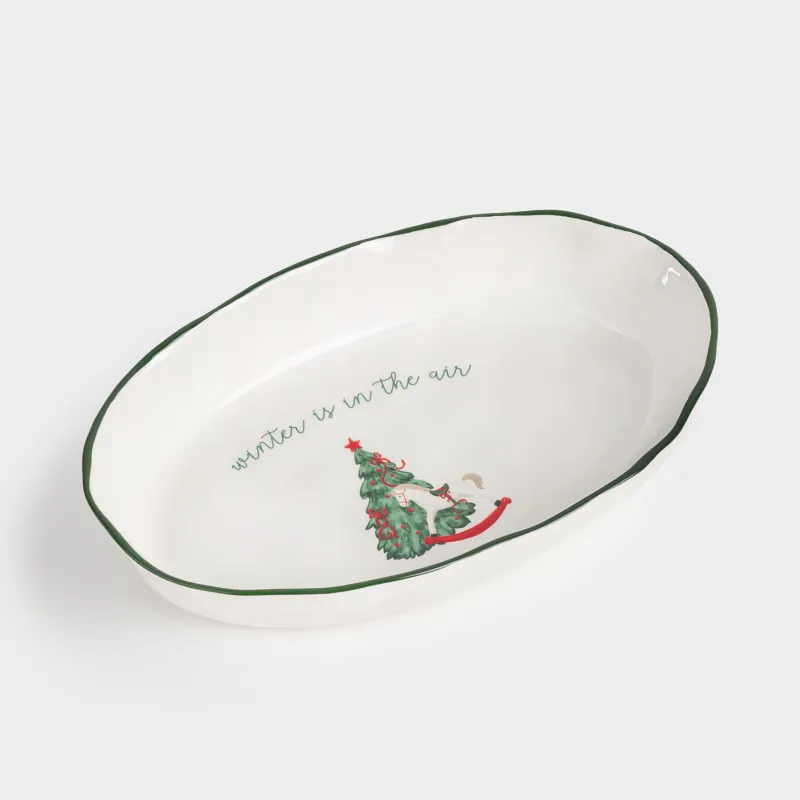 Dish, 28x17x5 cm, with sides, ceramic, oval, Horse with Christmas tree, Christmas green