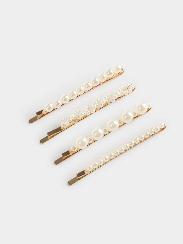 Hair clip set, 7 cm, 4 pcs, metal / plastic, milky, Beads, Pearl, image-1