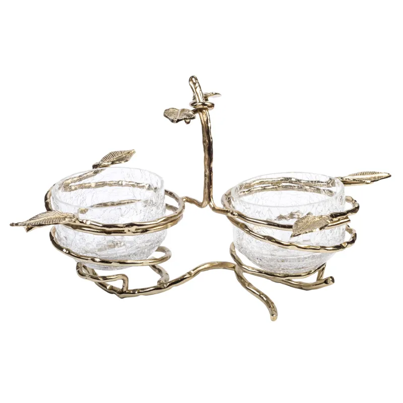 Snack stand, 26x16 cm, 2 pr, on stand, with handle, glass / metal, Branches, Fantastic gold