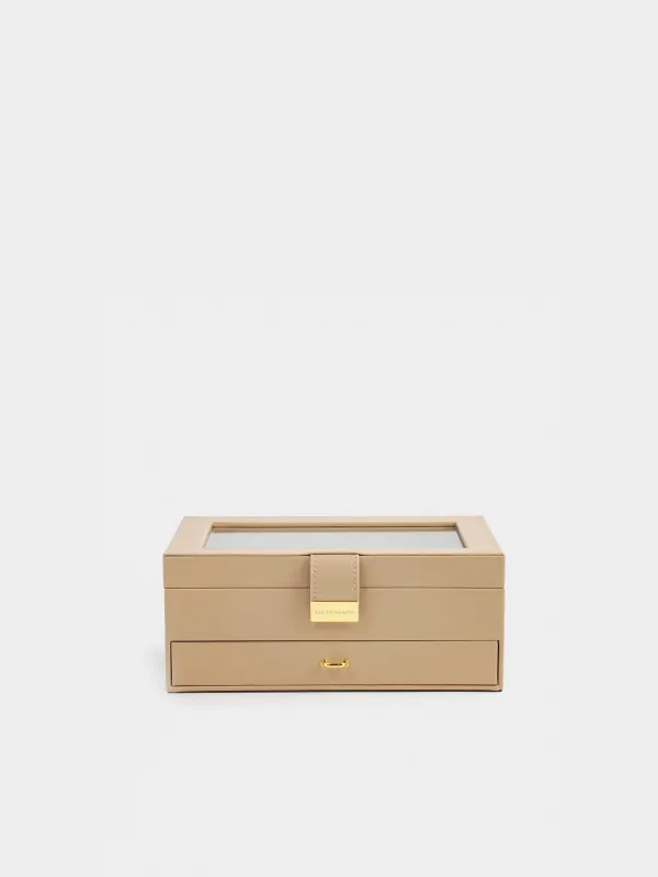 Jewelry box, 26x18 cm, wood/PU leather, beige, Premiere, image-1