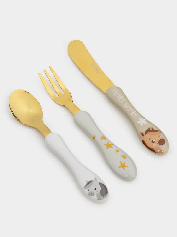 Children's cutlery, 1 person, 3 items, steel / plastic, Horse and stars, Pony stars, image-0