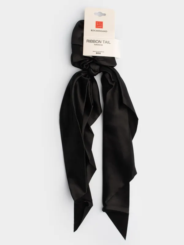 Elastic band for hair, 25 cm, with ribbon, satin, black, Silk, image-1