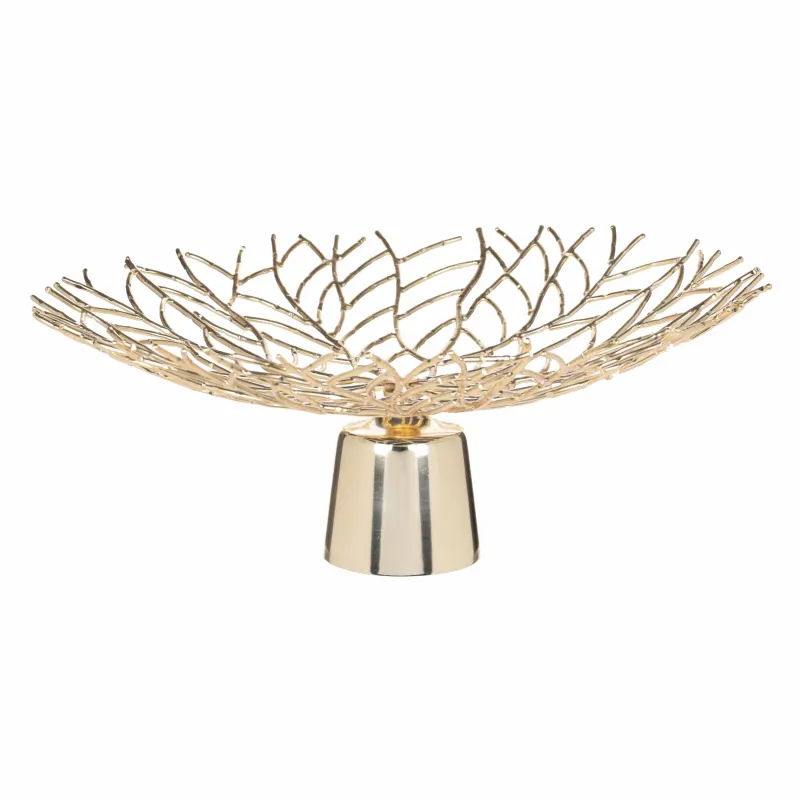 Fruit basket, 37x19 cm, on a leg, metal, golden, Branches, Twist gold, image-0