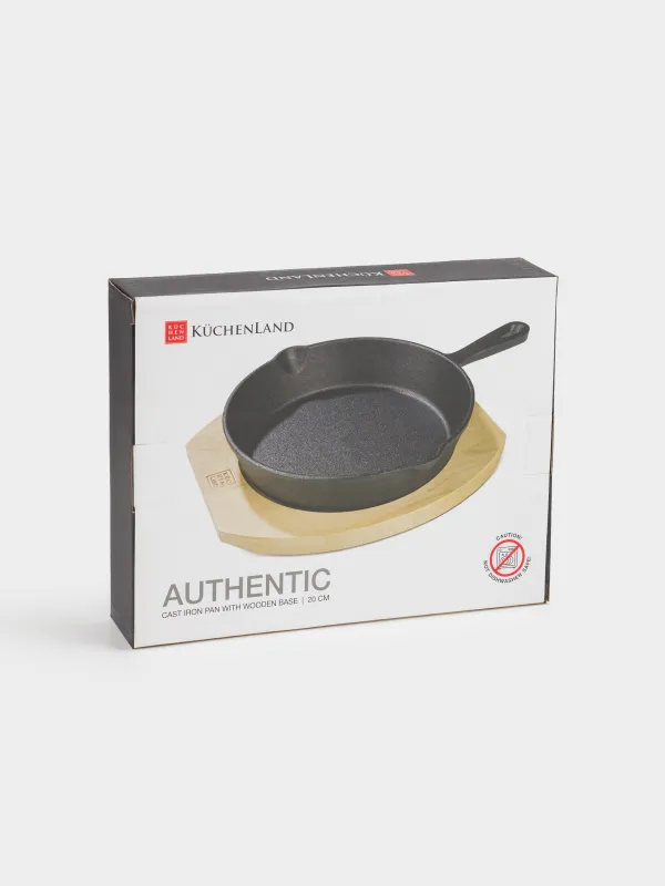 Frying Pan with base, 20 cm, cast iron/wood, round, black, Authentic, image-10