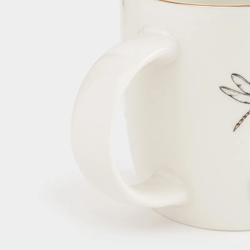 Mug, 380 ml, porcelain N, white, with golden edging, Dragonflies and dandelions, Dragonfly, image-2