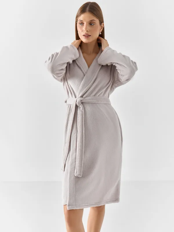 Women's robe, homewear, size S/M, with long sleeves, polyester, grey, Drew, image-1