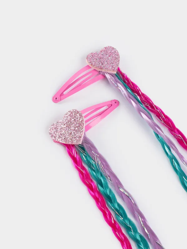 Hair clip, 32 cm, 2 pcs, children's, with strands, polyurethane / metal, Heart, Hairstyle, image-1