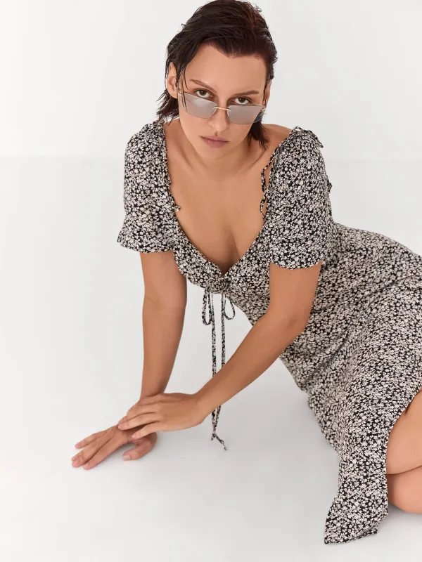 Women's dress, midi, size S, with short sleeves, with a slit, viscose, dark blue, Flowers, Drina, image-7