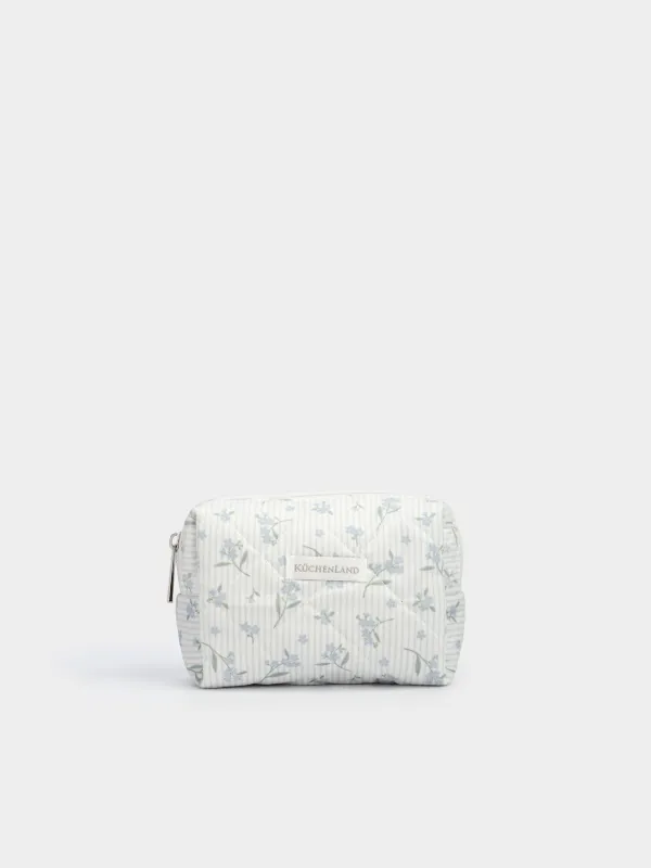 Makeup bag, 15x10 cm, quilted, polyester, white, Flowers, Stitch flowers, image-0