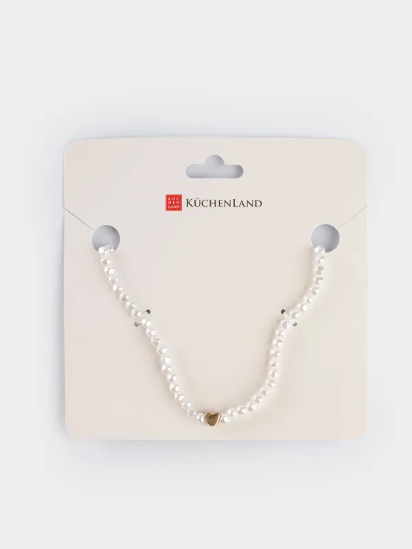 Choker, 38 cm, plastic / glass, white and gold, Heart, Pearl heart, image-3