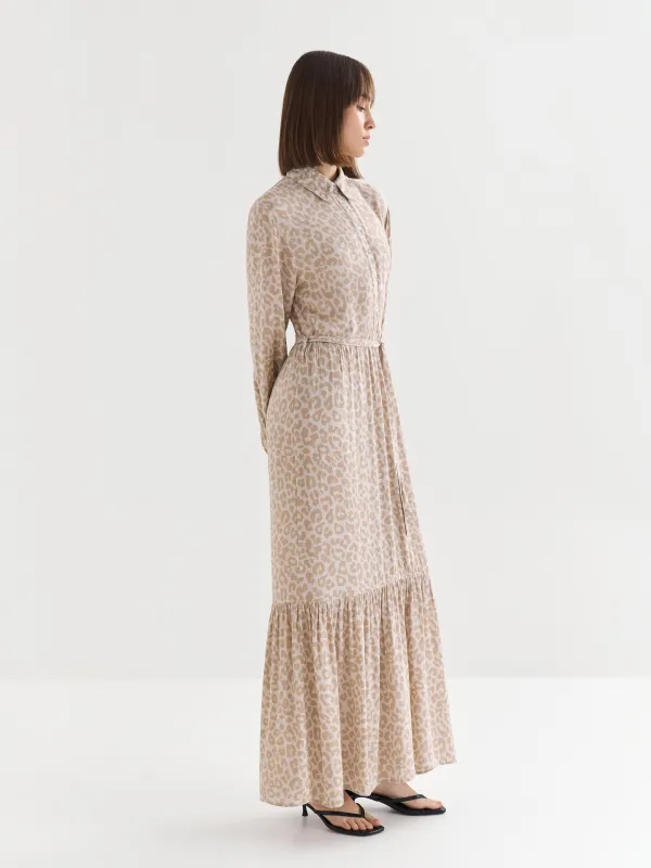 Women's dress, maxi, size S, with long sleeves, Viscose, Gray-beige, Leopard, Becky, image-4