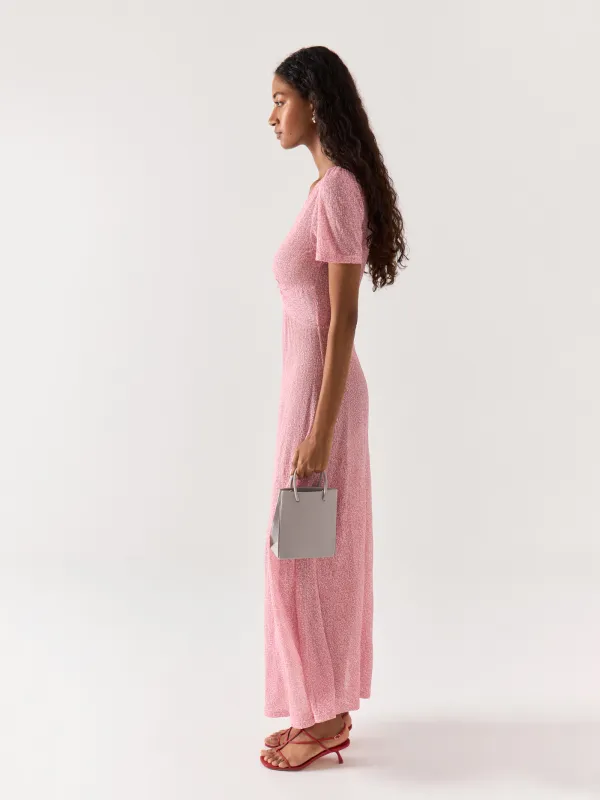 Women's dress, maxi, size S, with short sleeves, polyester, Pink, Flowers, Umina, image-2