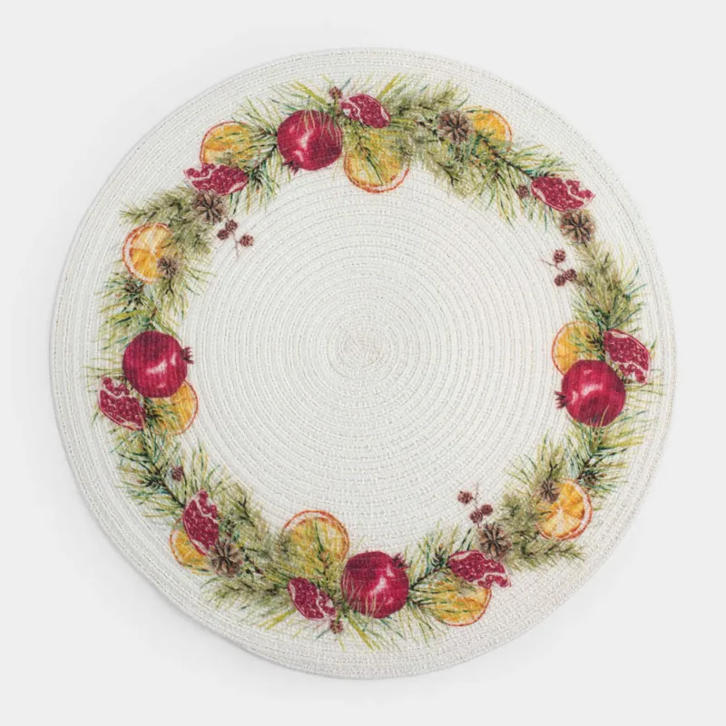 Placemat, 38 cm, polyester, round, white, Pomegranates and oranges, Rotary print