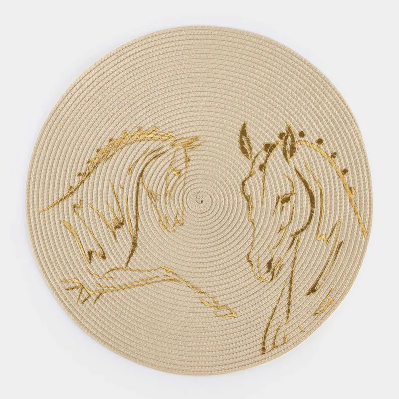 Placemat, 38 cm, polyester, round, milky, Horses, Circle embroidery