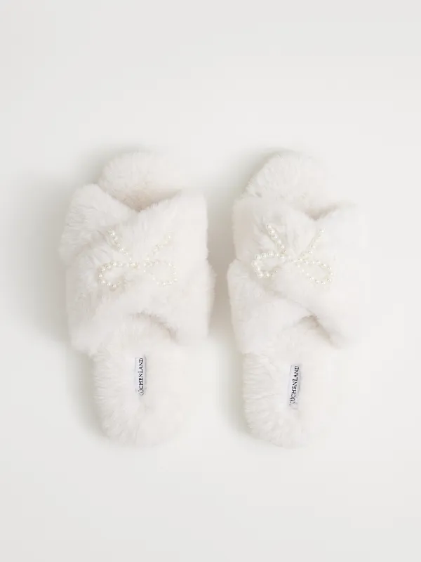 Women's slippers, homewear, size 36-37, artificial fur, white, Bow, Tape, image-1