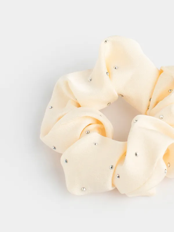  Elastic hair band, 6 cm, with rhinestones, polyester, milky, Silk, image-1